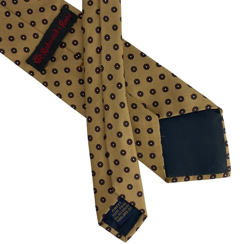 REDMOND & ROSS Silk Tie Mens Tan Brown Floral Dot Classic Dress 3x59‎ Foulard